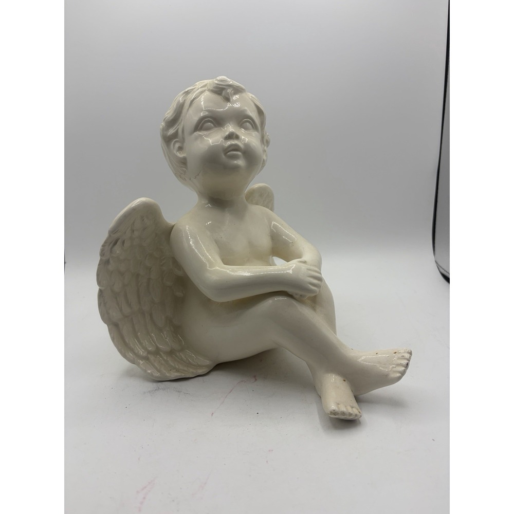 Vintage White Ceramic Angel Cherub Figurine Sitting Wings Home‎ Decor 9"